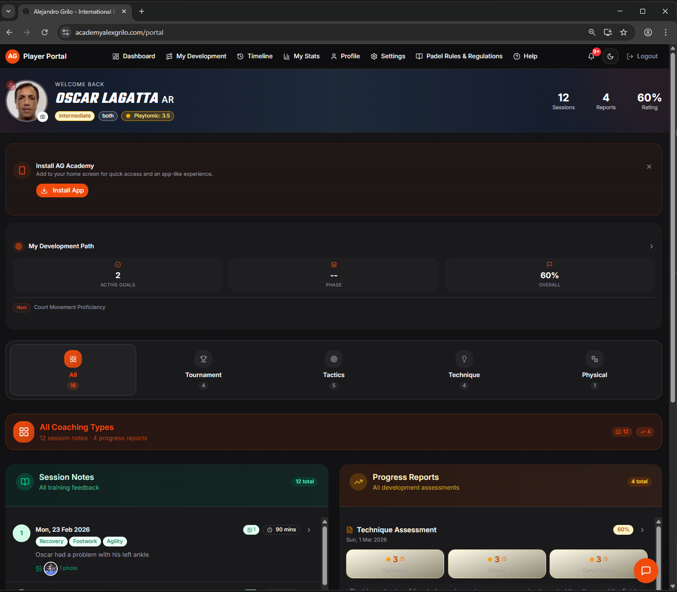 Player portal dashboard showing welcome back header, development path summary, session notes and progress reports