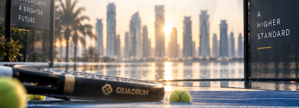 Sunrise over the Doha skyline seen from a padel court, with a Quadrum racket resting on the court surface